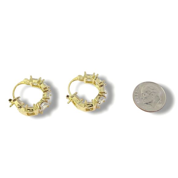 Clear Rhinestone Hoop Earrings Pierced Gold Tone Sparkle Evening Elegant Jewelry - Picture 8 of 10